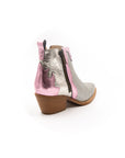 Cowboy-style summer boots in silver and metallic pink.