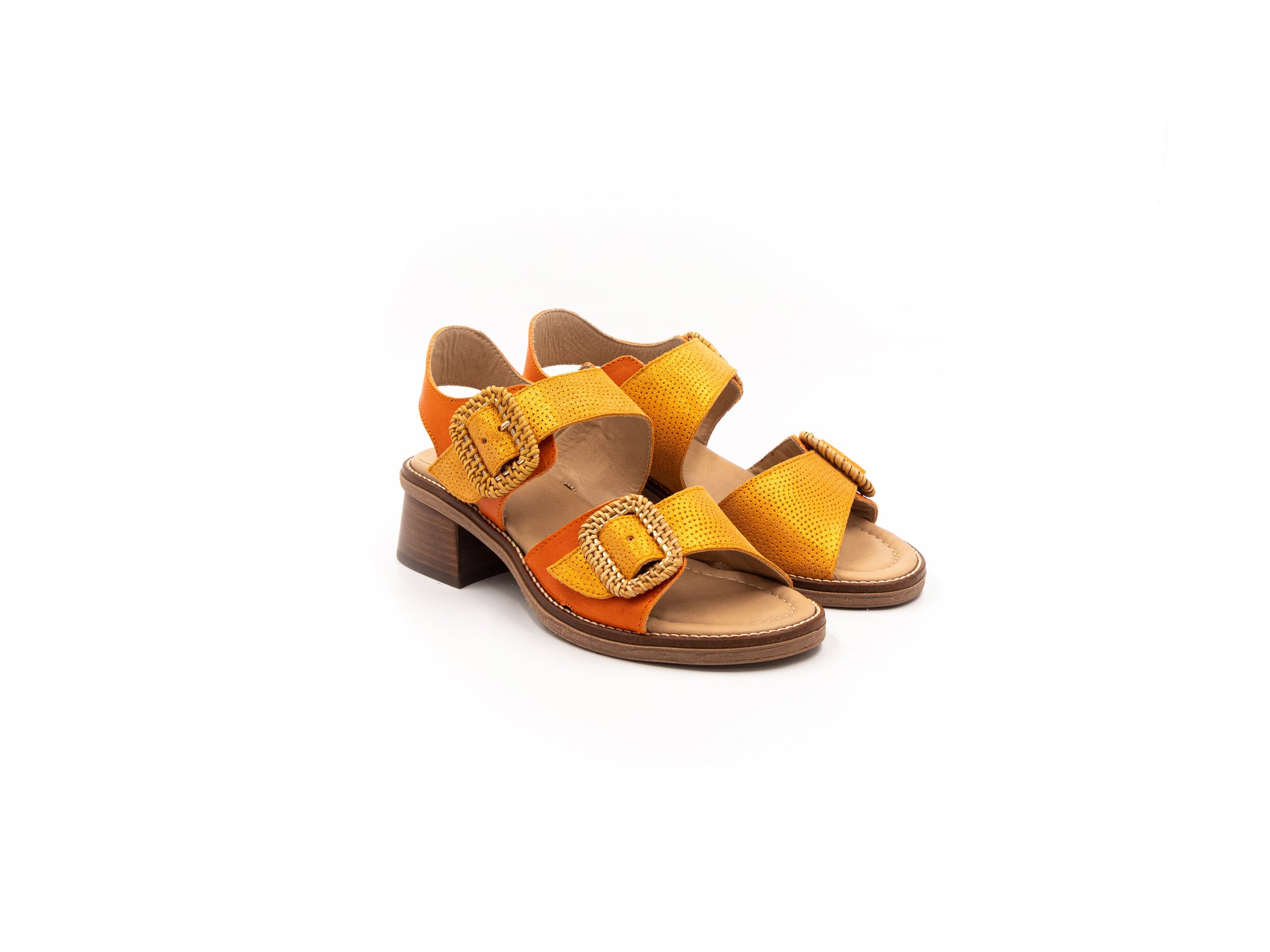 Sandals with small heels in shades of orange.