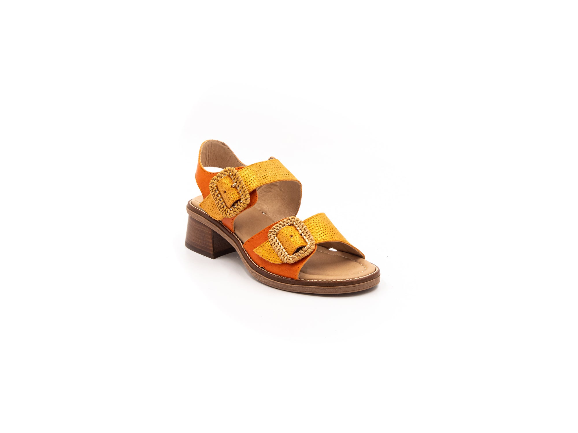 Sandals with small heels in shades of orange.