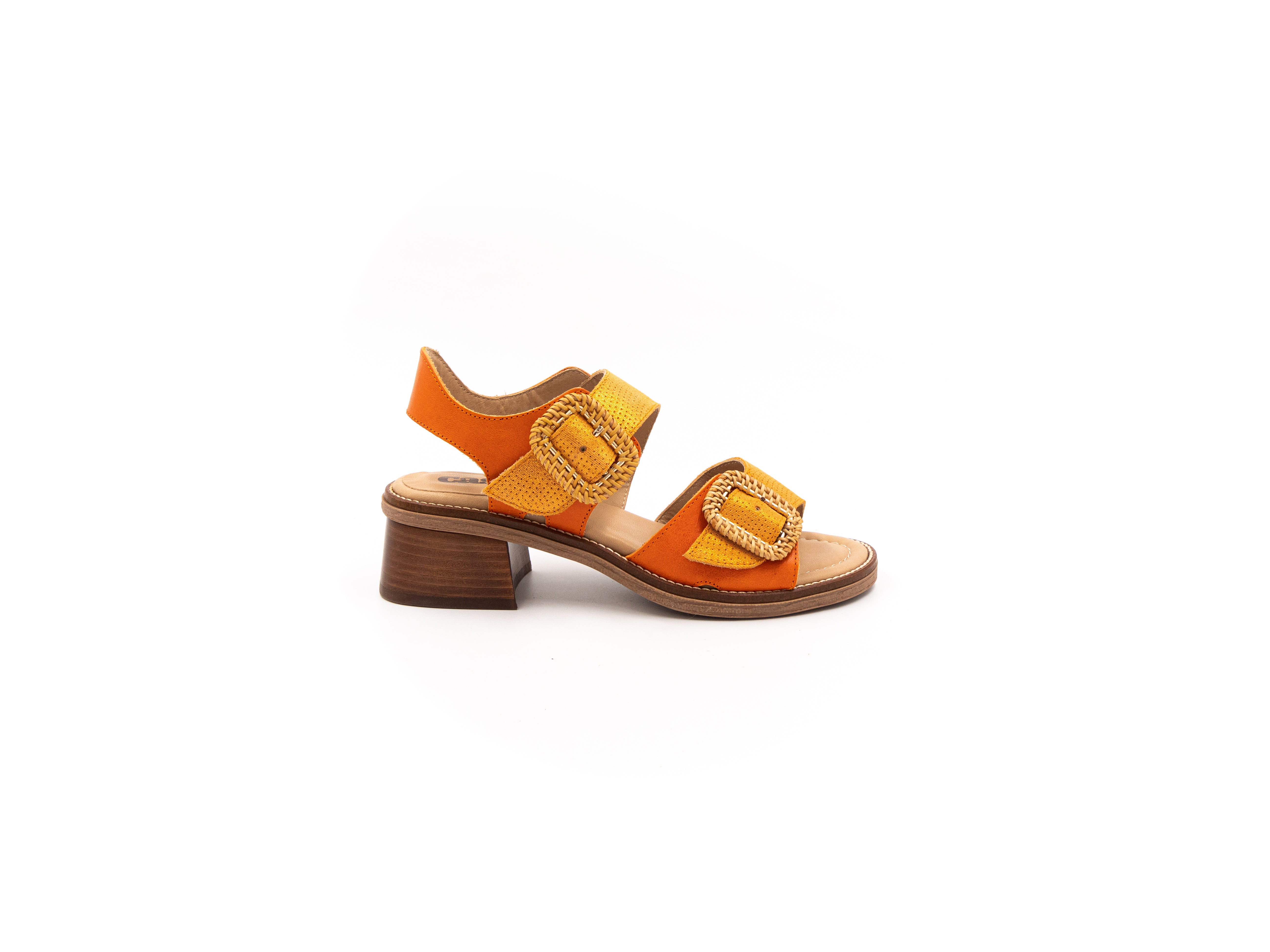 Sandals with small heels in shades of orange.