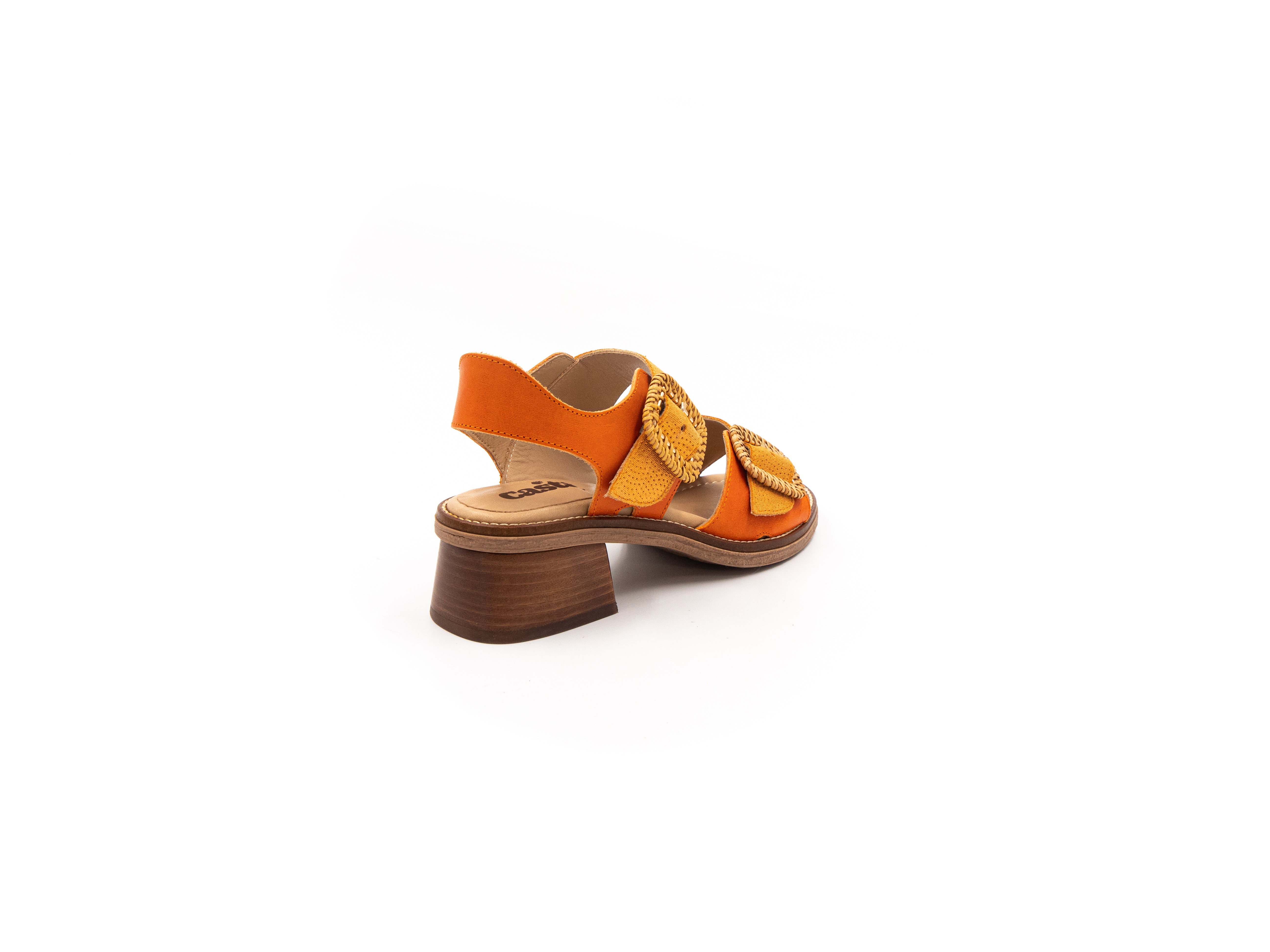 Sandals with small heels in shades of orange.