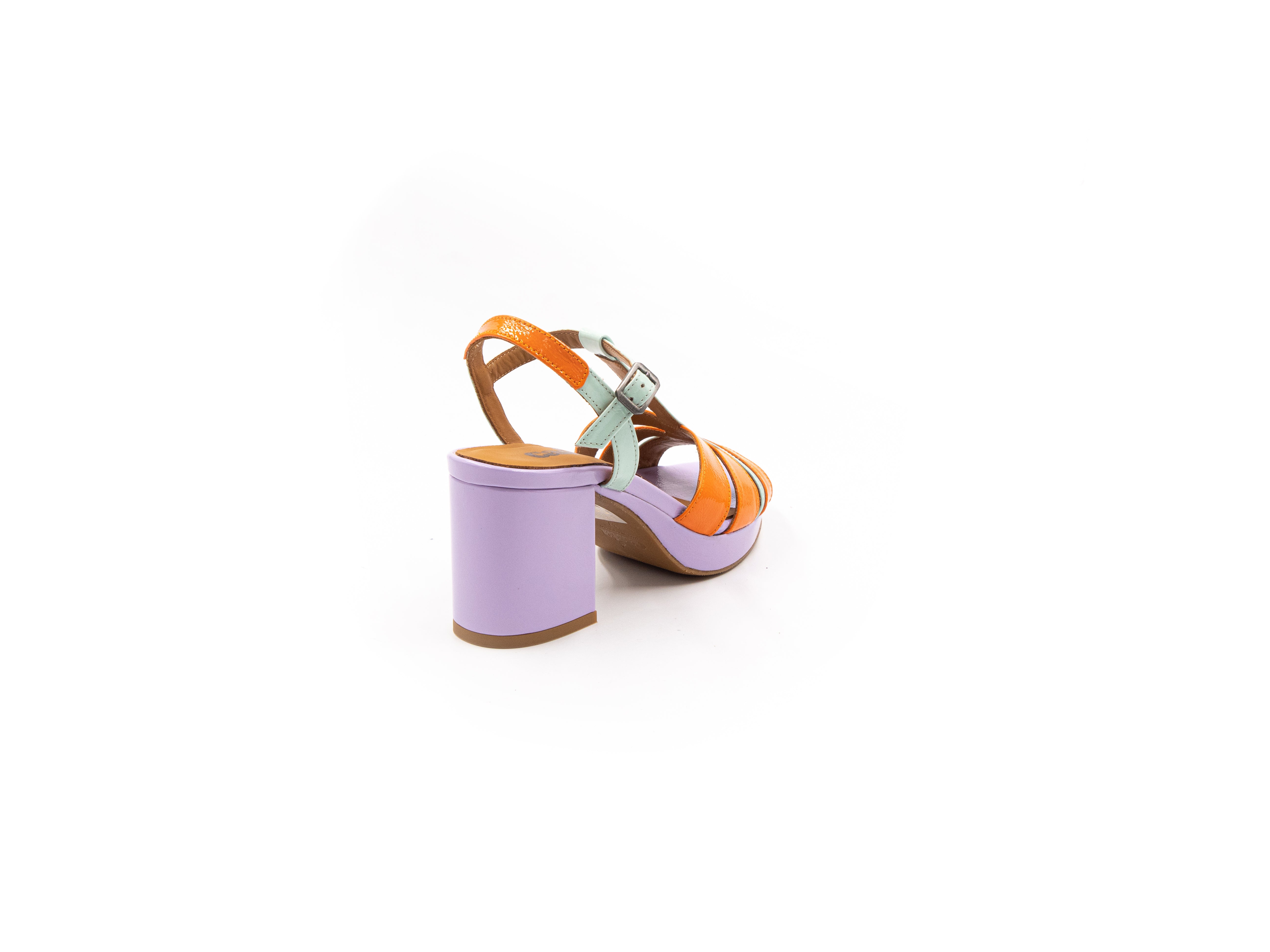 Heeled sandals in violet, orange and aqua green.