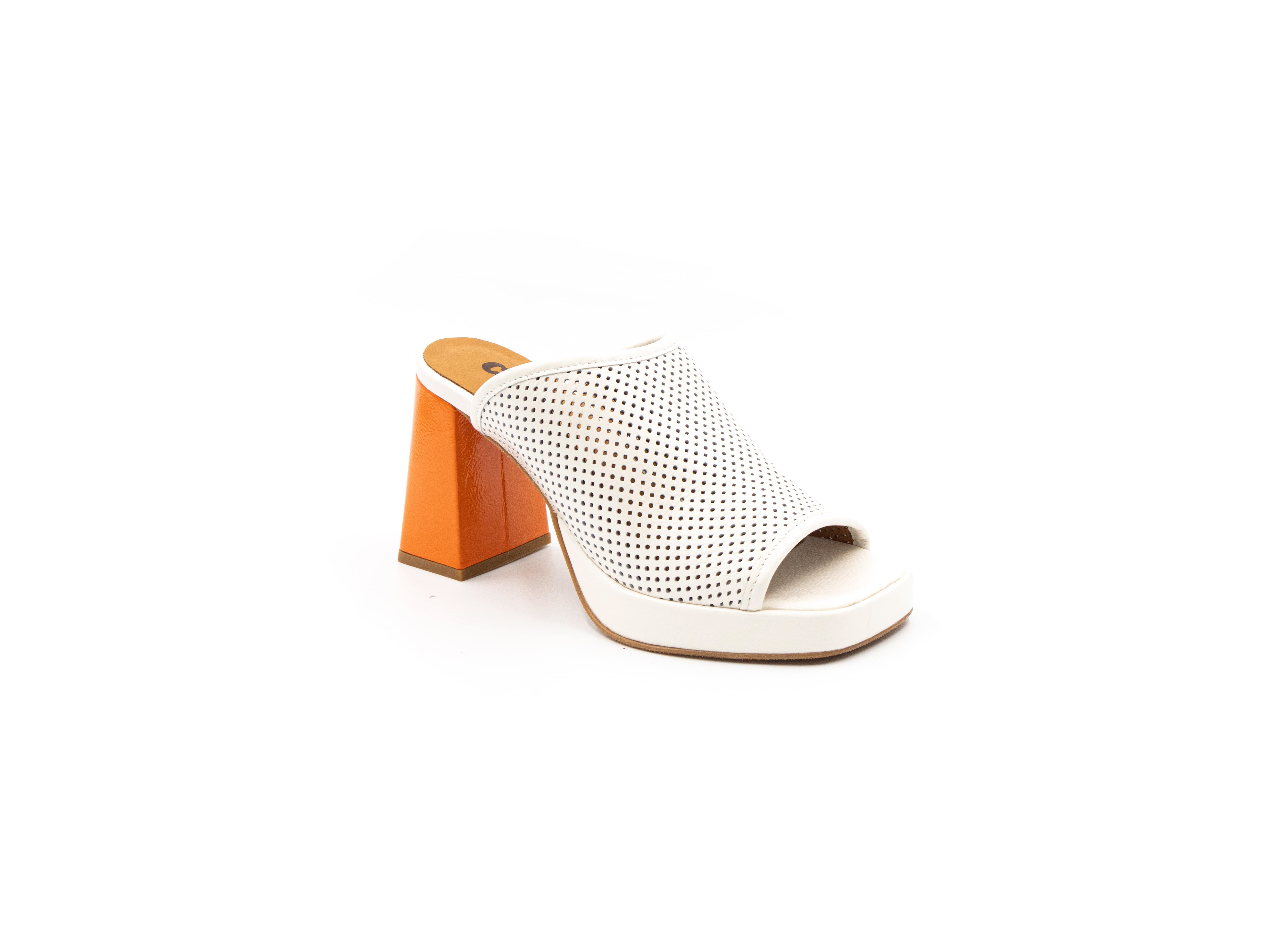 Perforated mules in white and orange.