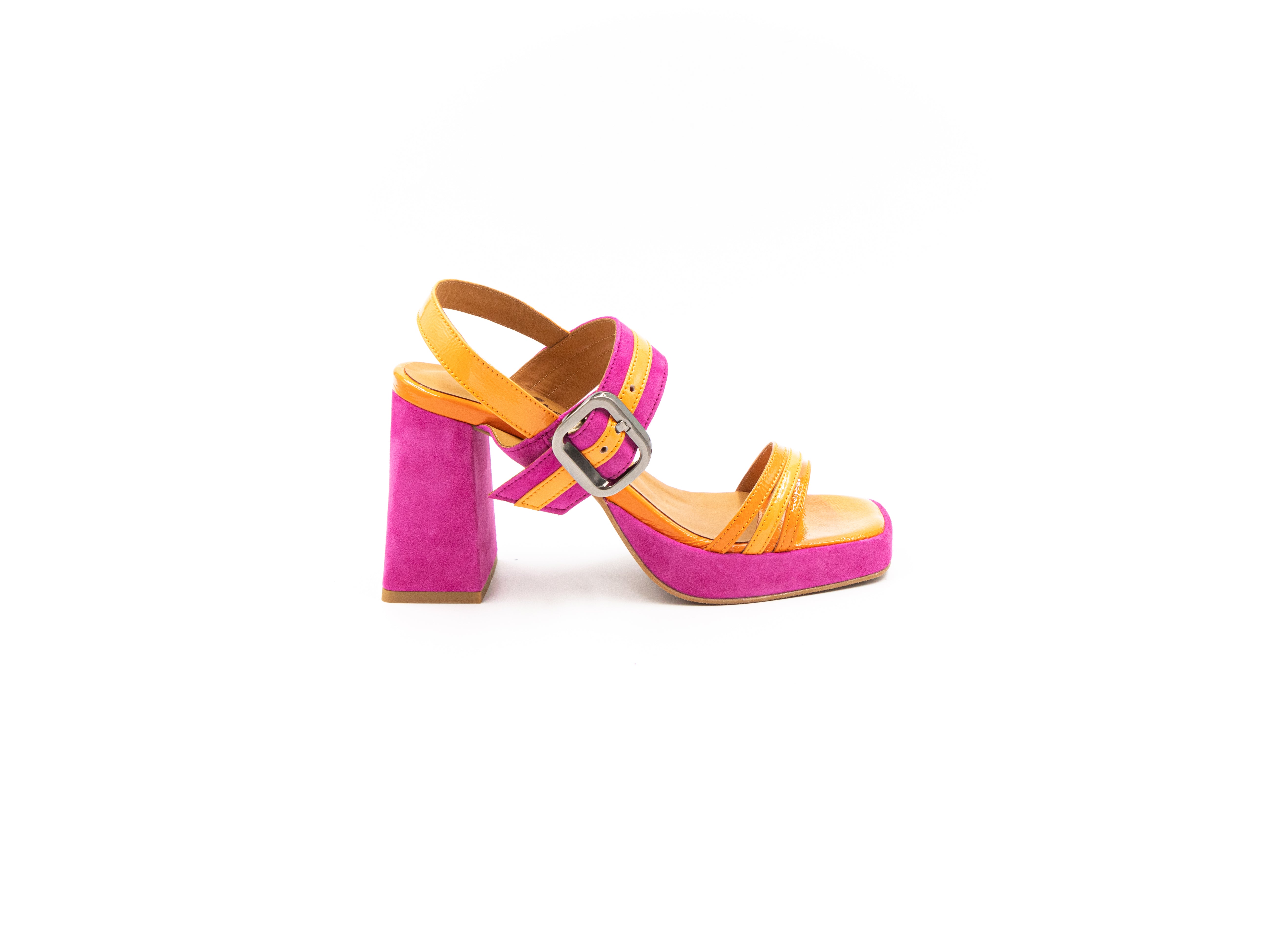 Heeled sandals in orange and pink.