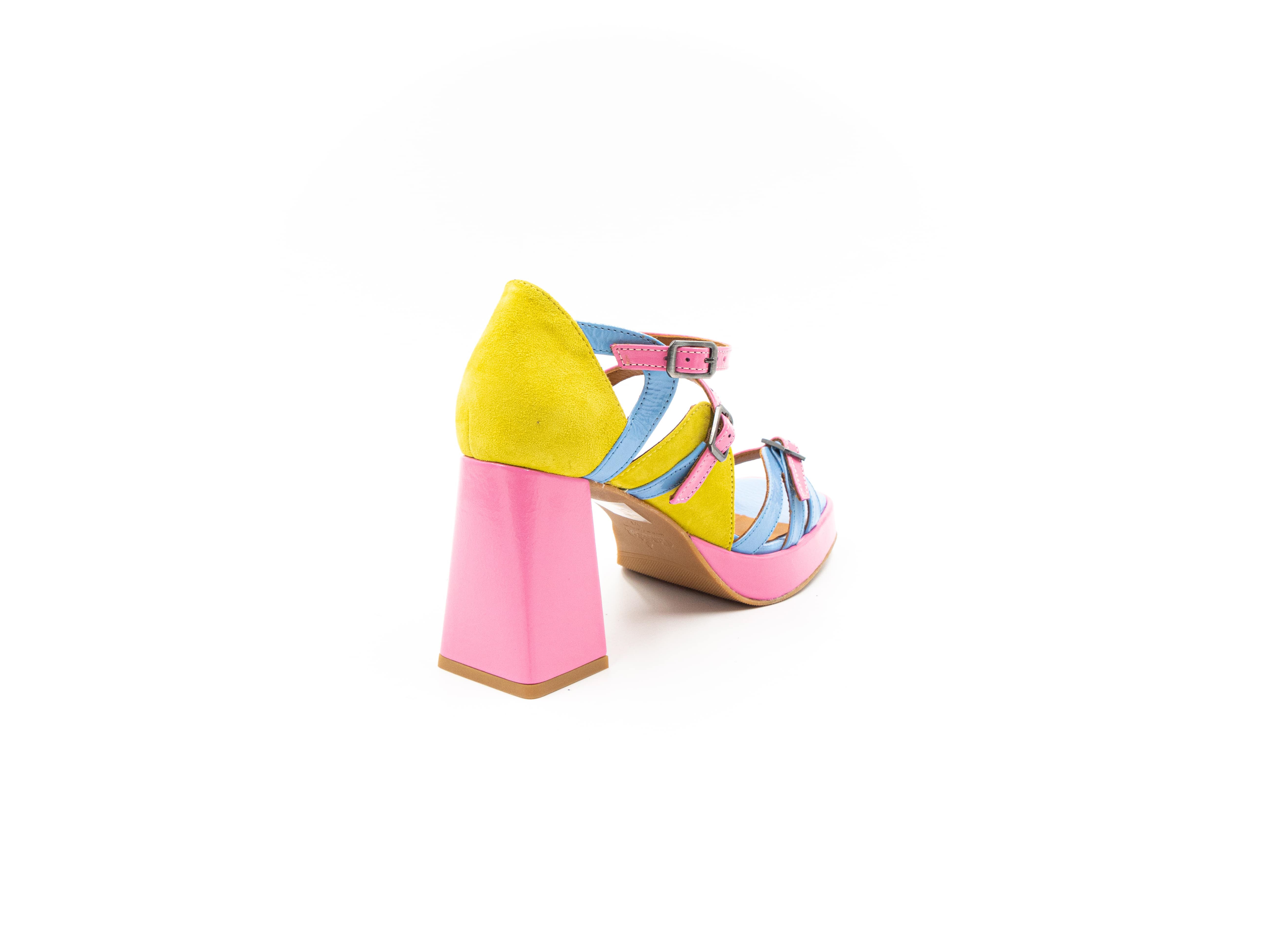 Heeled sandals in pink, blue and yellow.