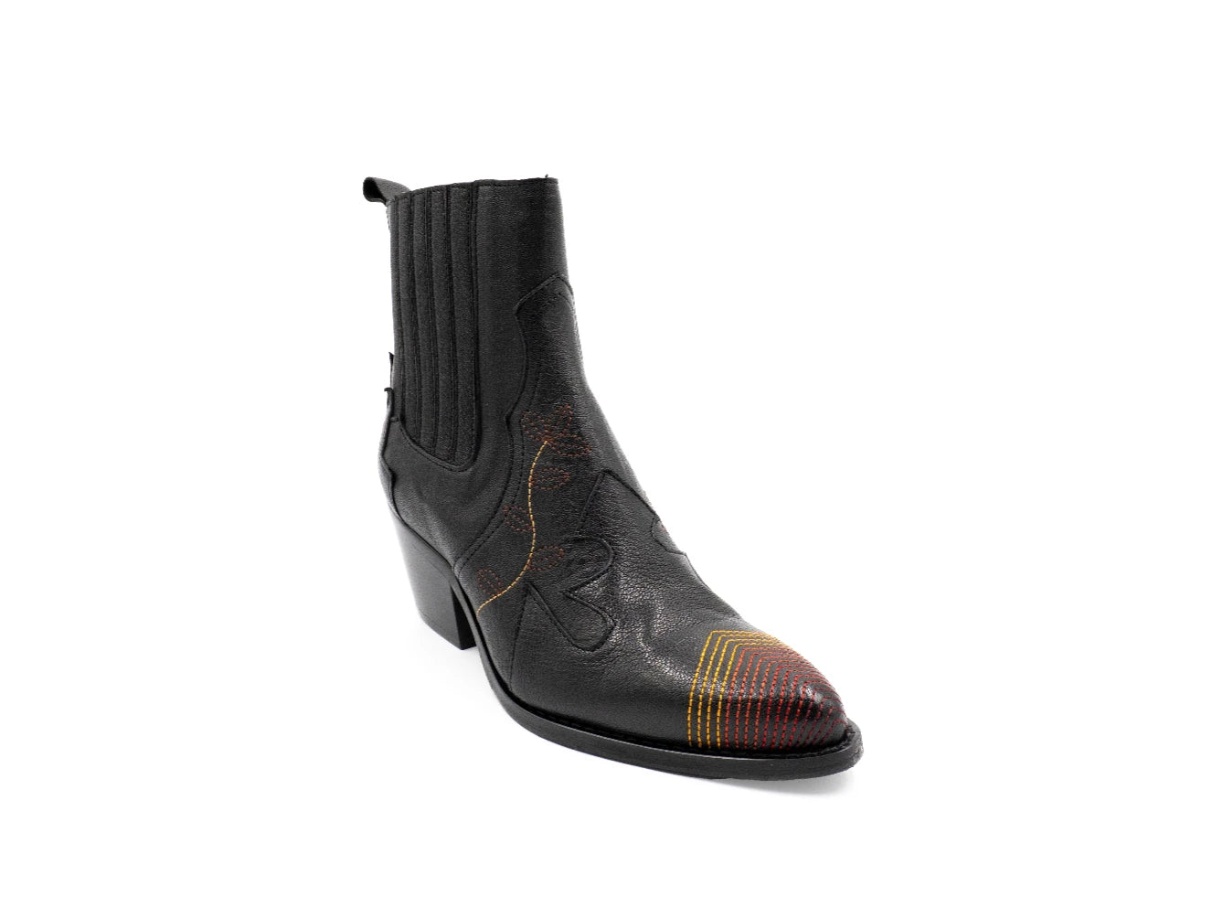 Black leather boot with patterned toe cap on a white background