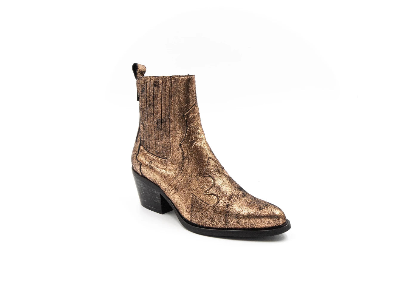 Gold metallic ankle boot on a white background