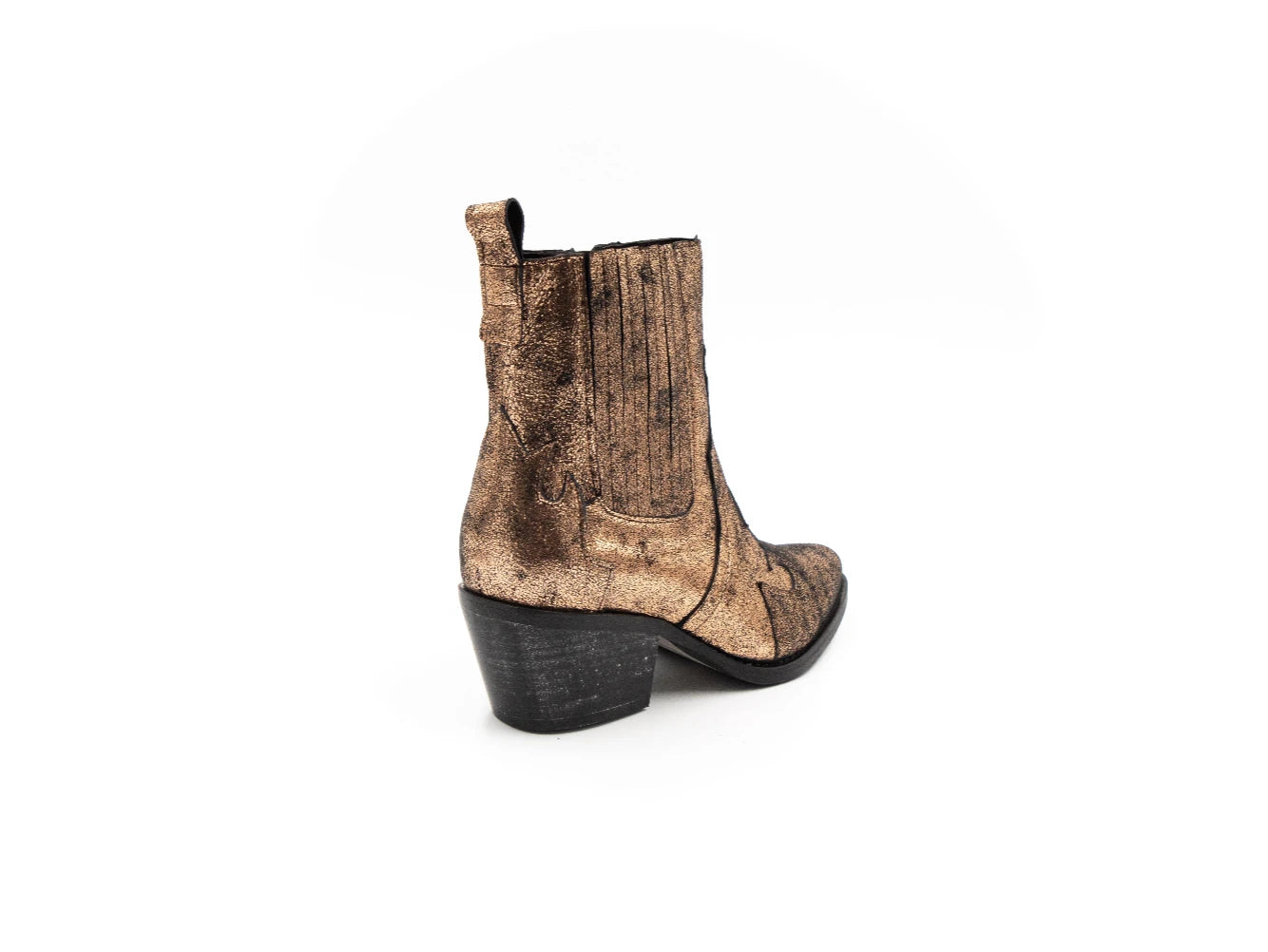 Gold metallic ankle boot on a white background
