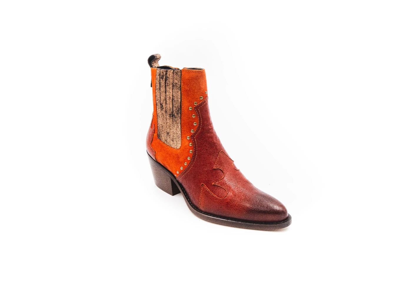 Boot with orange side panel on a white background
