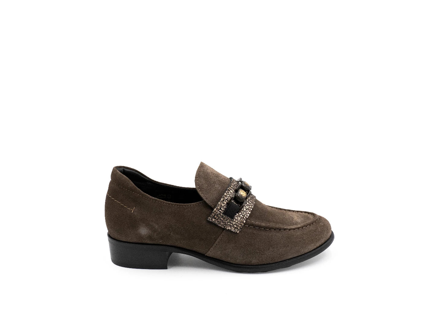 Brown loafer shoe with a decorative buckle on a white background