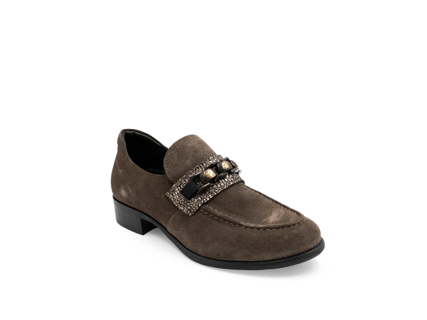 Brown loafer shoe with decorative band on a white background