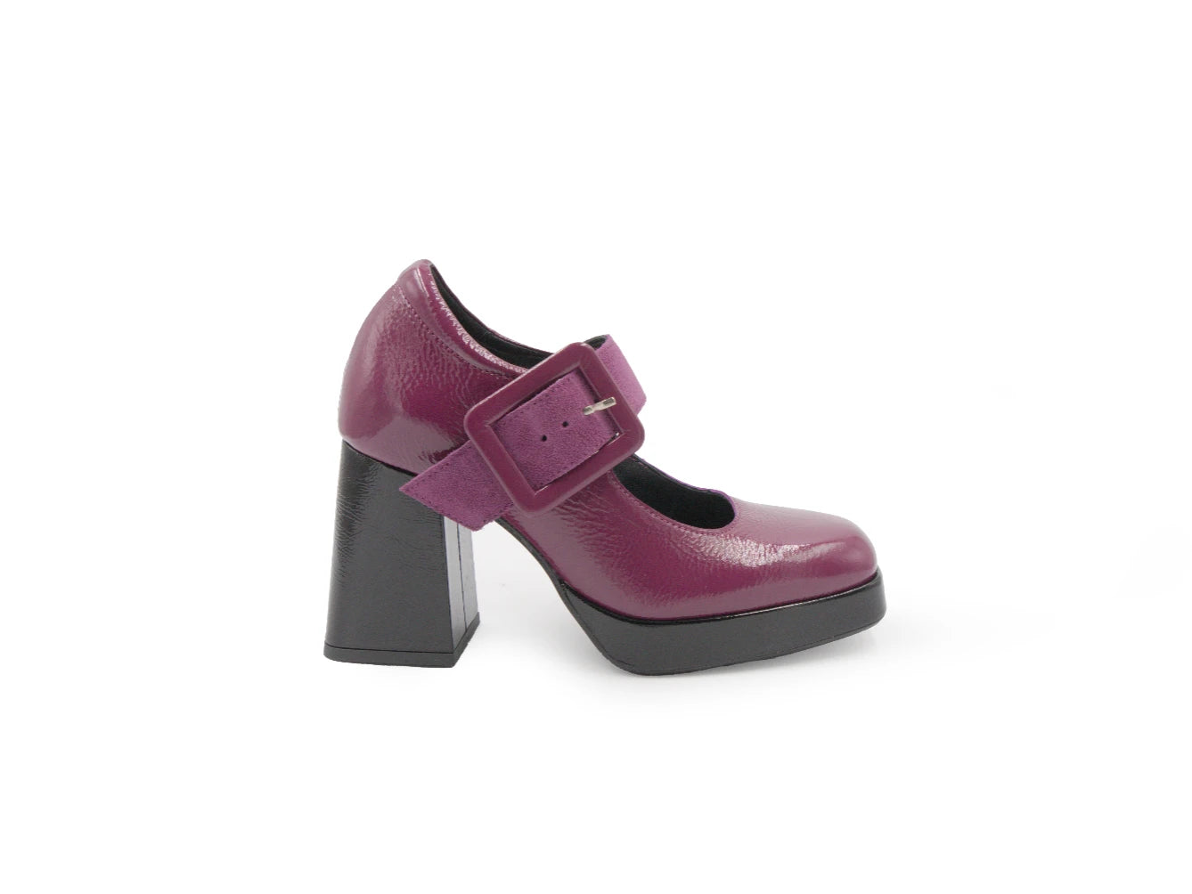 Purple high-heeled shoe with a strap on a white background