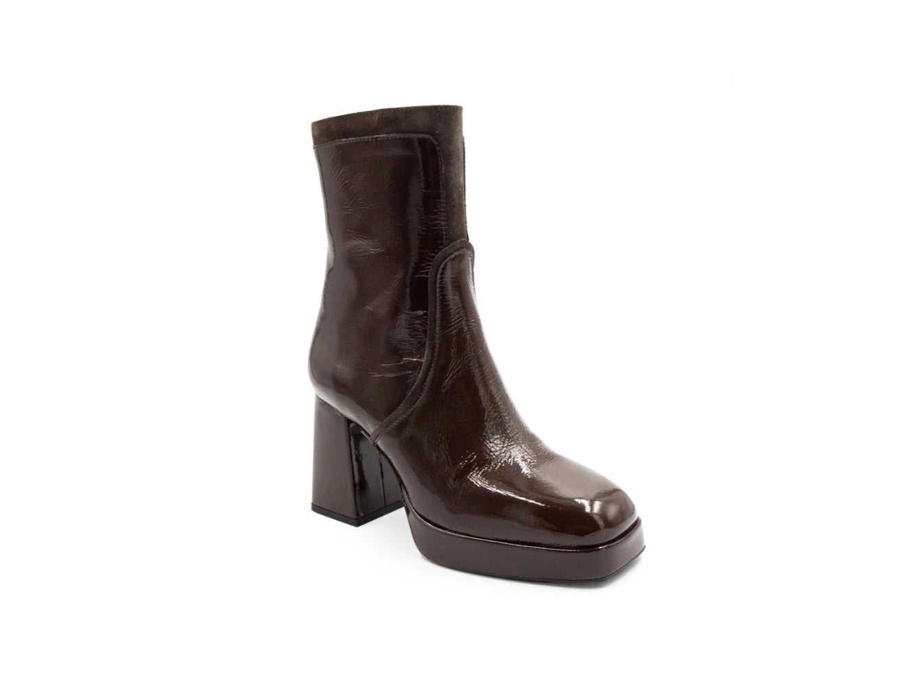 Brown ankle boot with platform sole on a white background