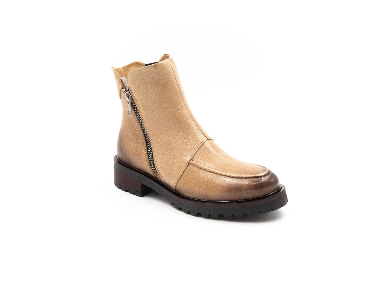 Tan ankle boot with a zipper on a white background