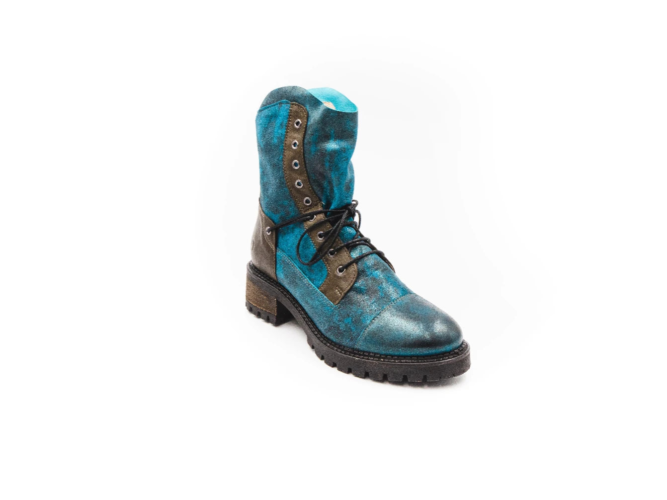 Blue leather boot with brown accents on a white background
