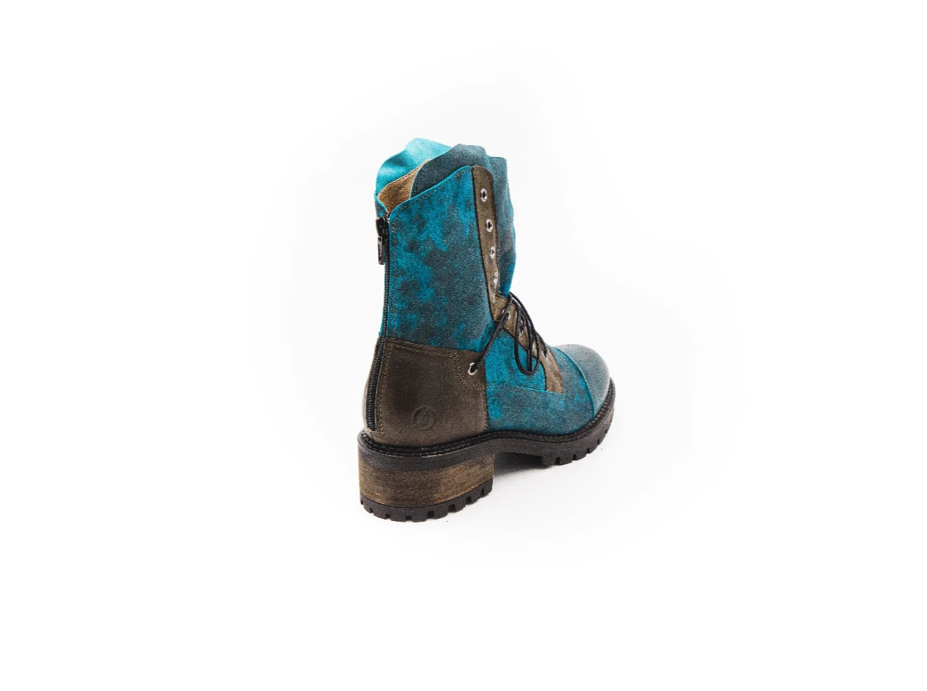 Blue and brown leather boot on a white background