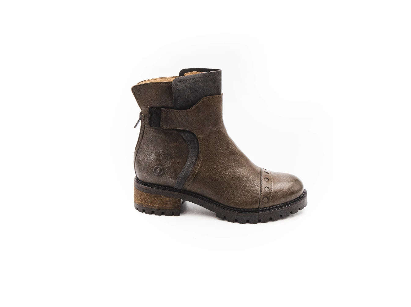 Brown leather boot with a strap on a white background
