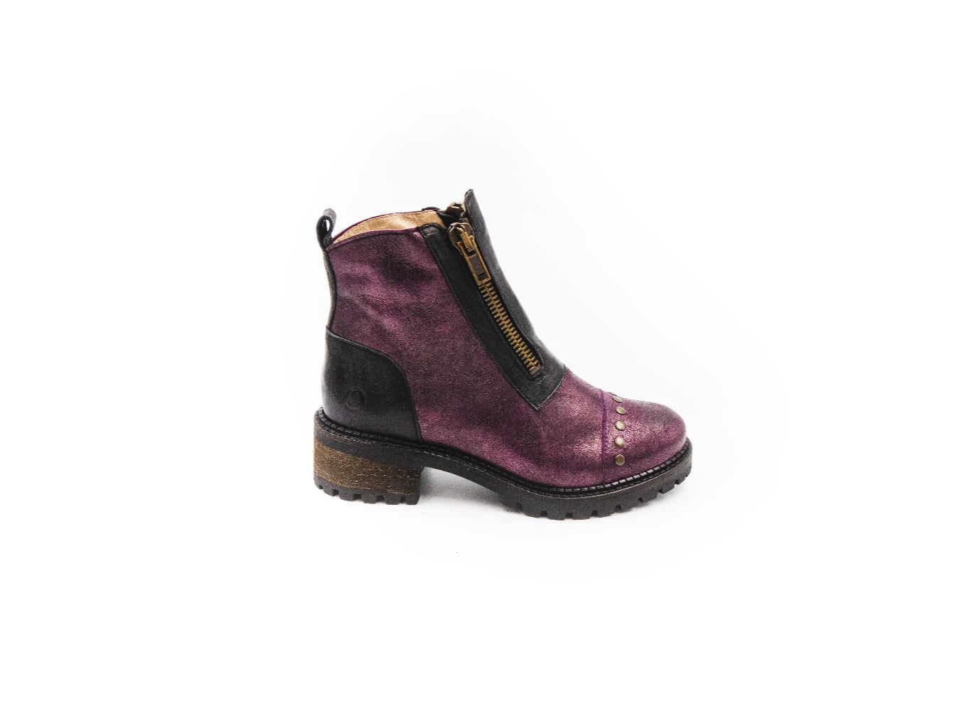Purple ankle boot with a gold zipper on a white background