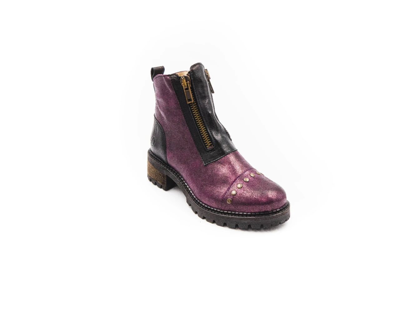 Purple leather boot with a zipper on a white background