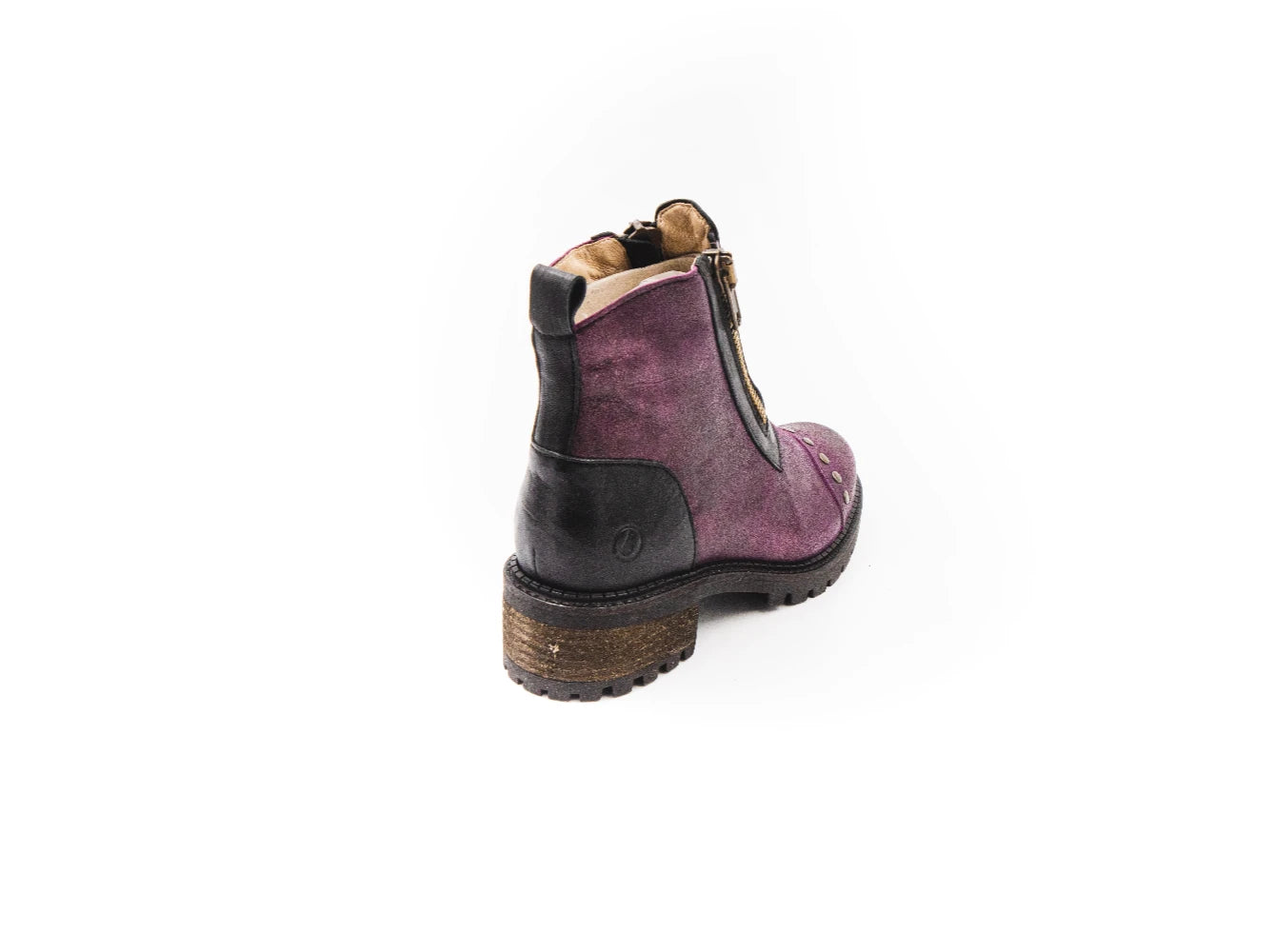Purple ankle boot with black sole on a white background