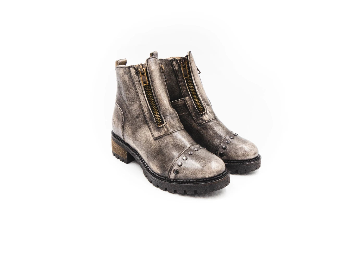 Pair of gray leather boots with zippers on a white background