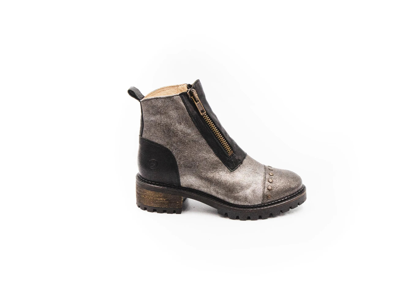 Gray suede ankle boot with black accents on a white background