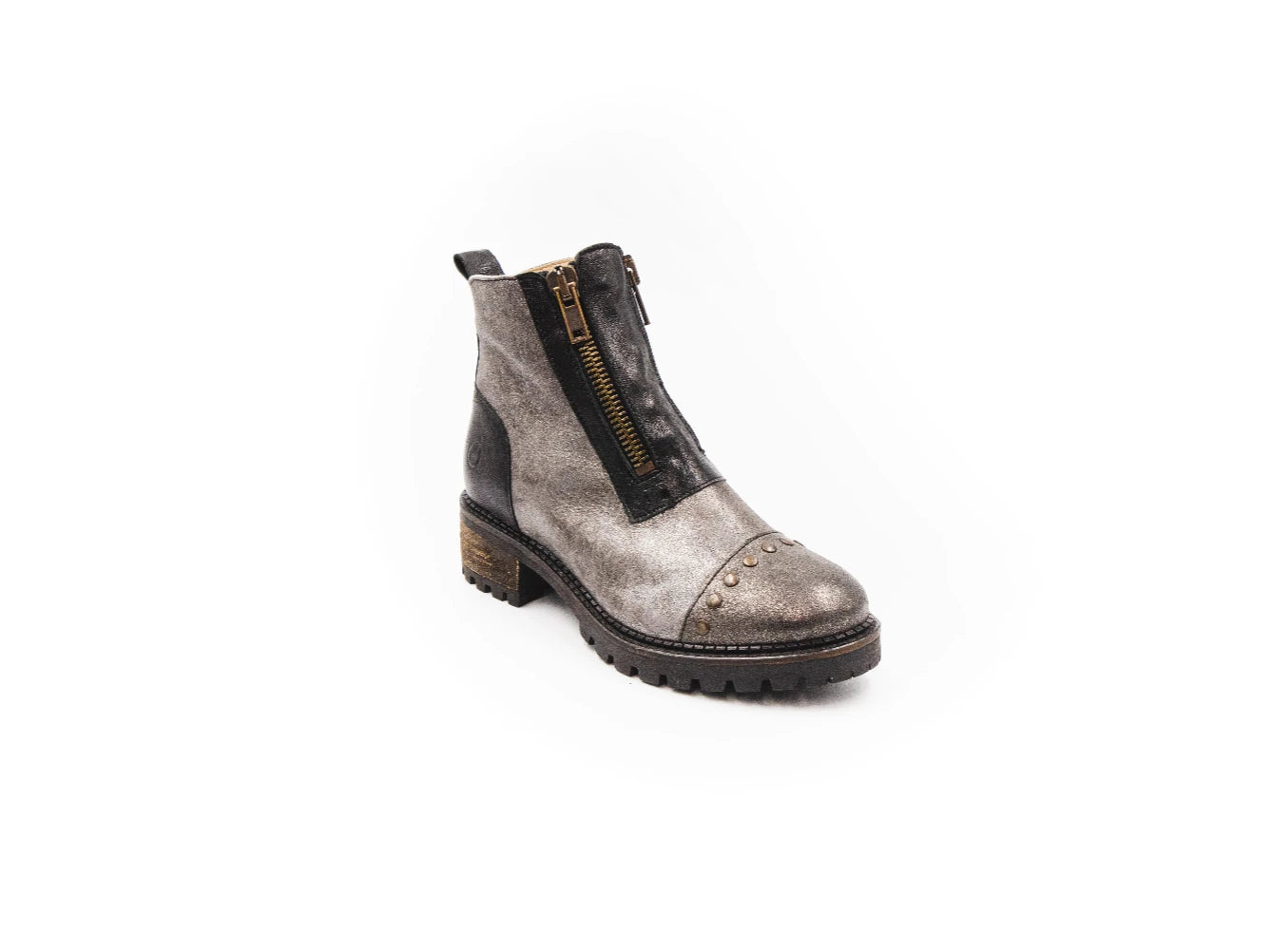 Gray ankle boot with a zipper on a white background