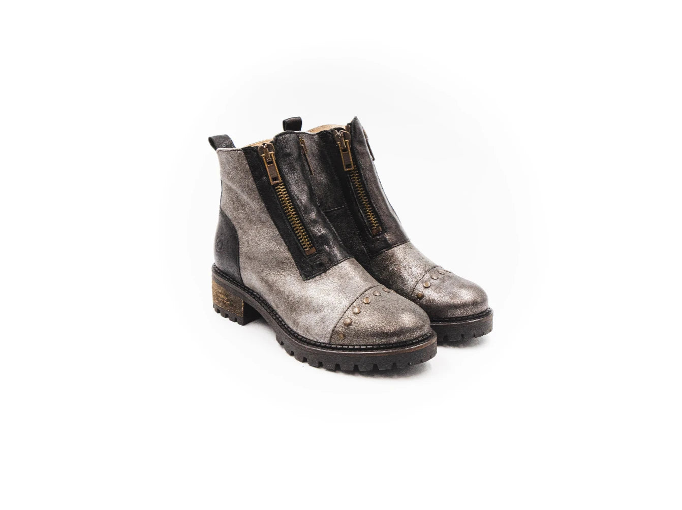 Pair of gray ankle boots with black accents on a white background