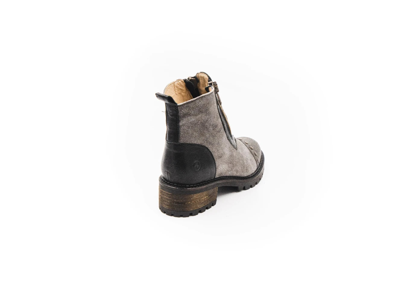 Gray ankle boot with black sole on a white background