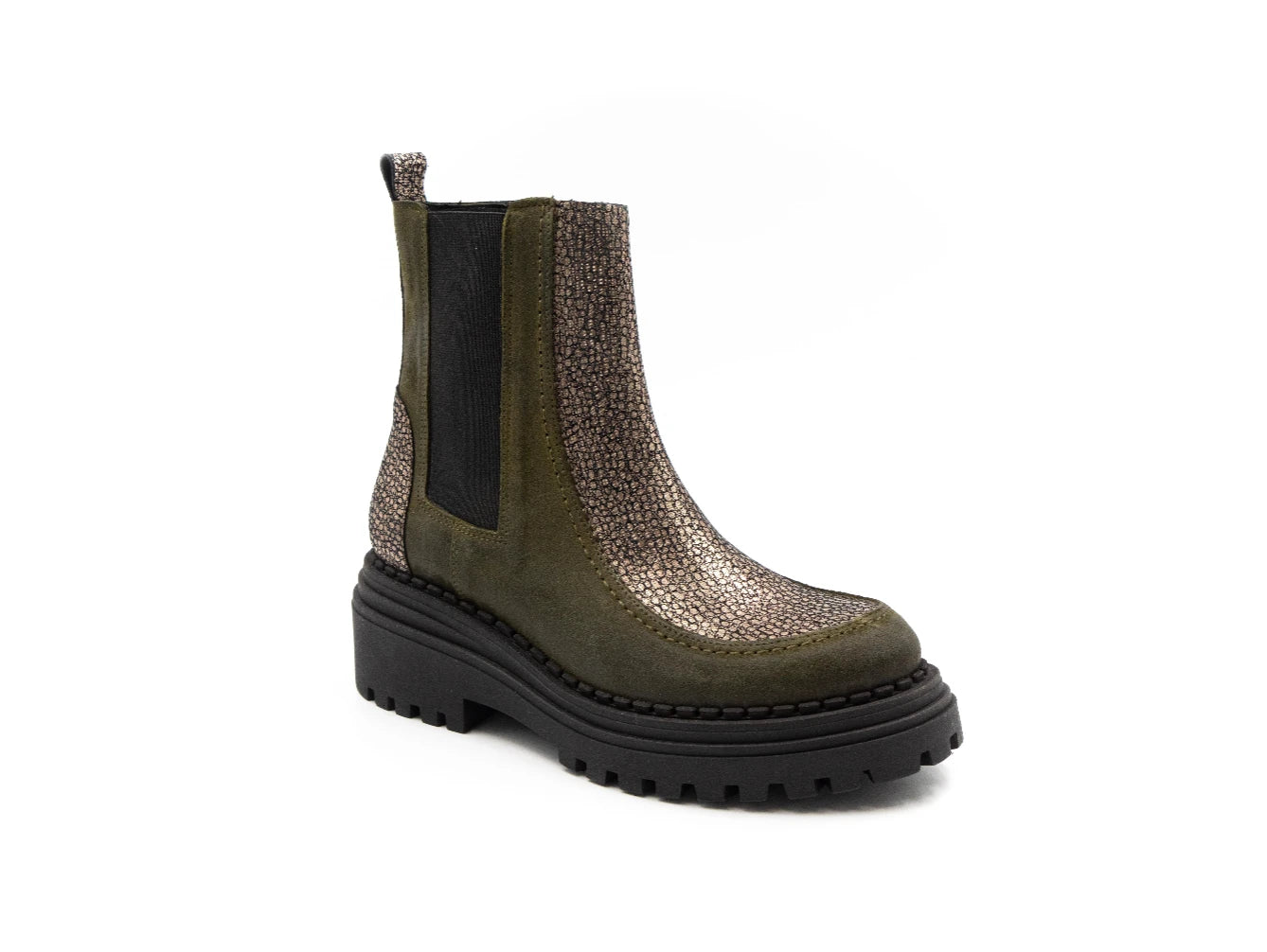 Green Chelsea boot with black sole on a white background