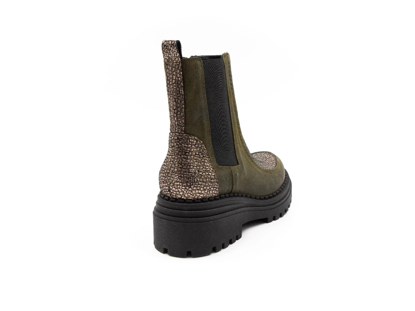 Green Chelsea boot with glittery side panel on a white background