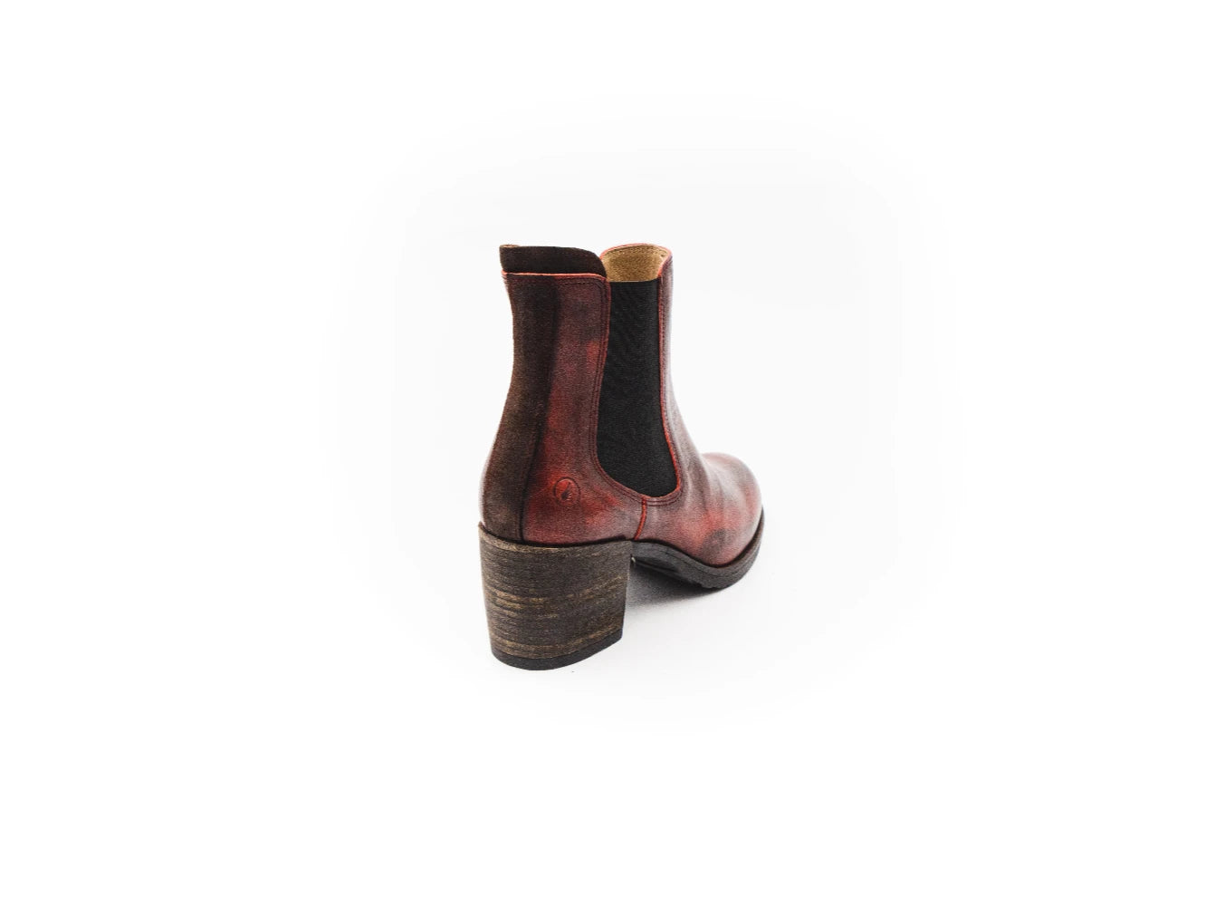 Brown leather boot with a wooden sole on a white background
