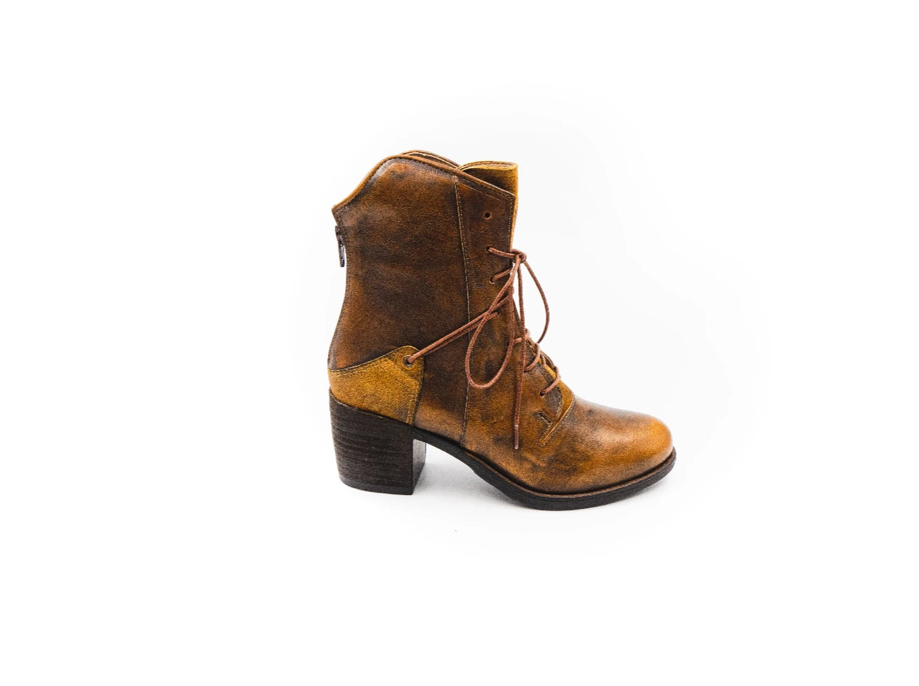 Brown leather boot with lace-up design on a white background