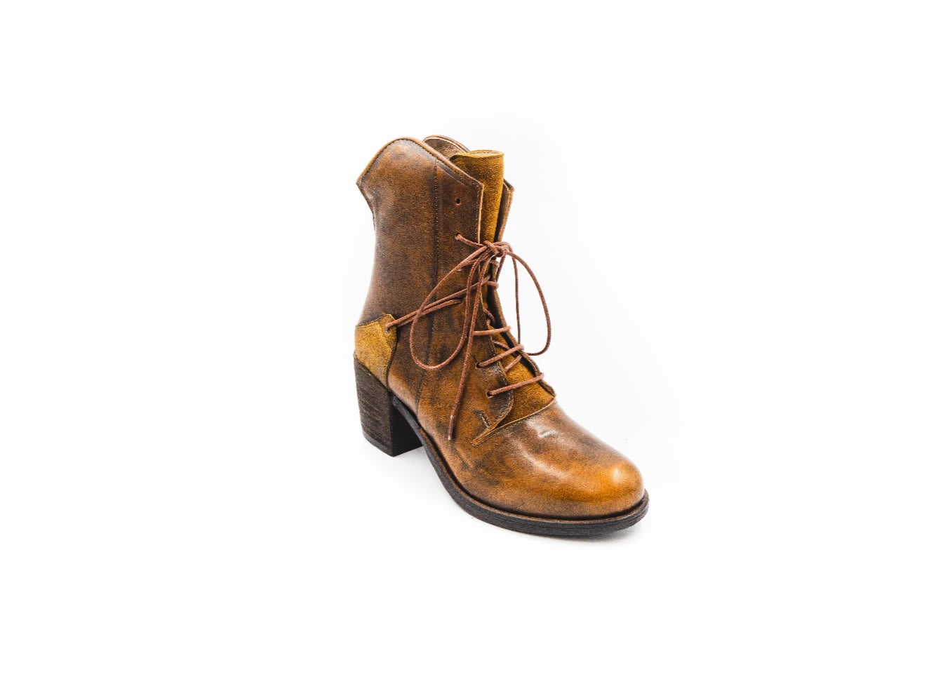 Brown leather boot with lace-up design on a white background