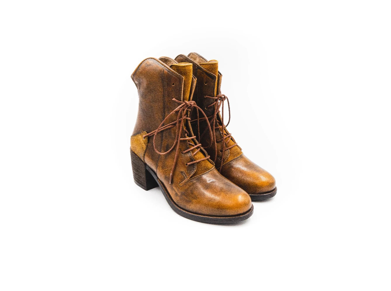 Pair of brown leather boots with lace-up design on a white background