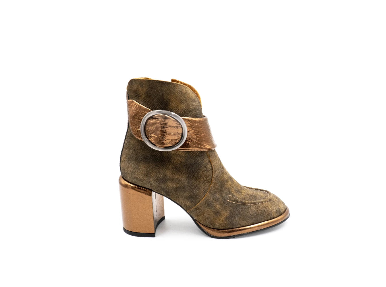 Brown leather boot with a metallic buckle on a white background