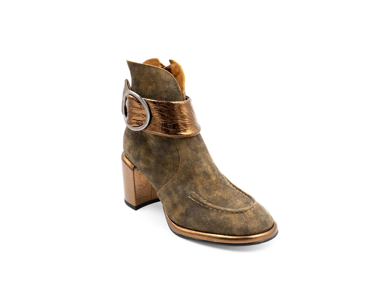 Brown leather boot with gold accents on a white background