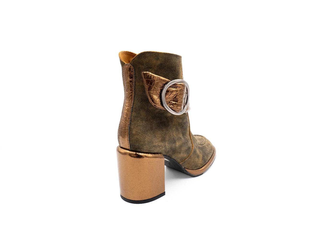 Brown ankle boot with gold block heel and silver buckle on a white background