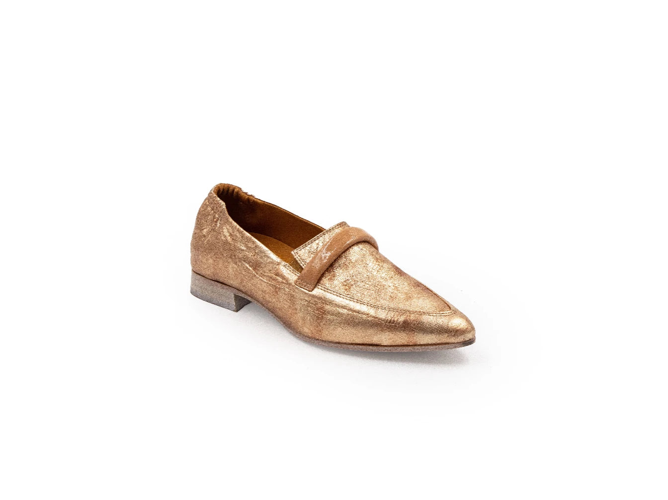 Gold loafer shoe on a white background