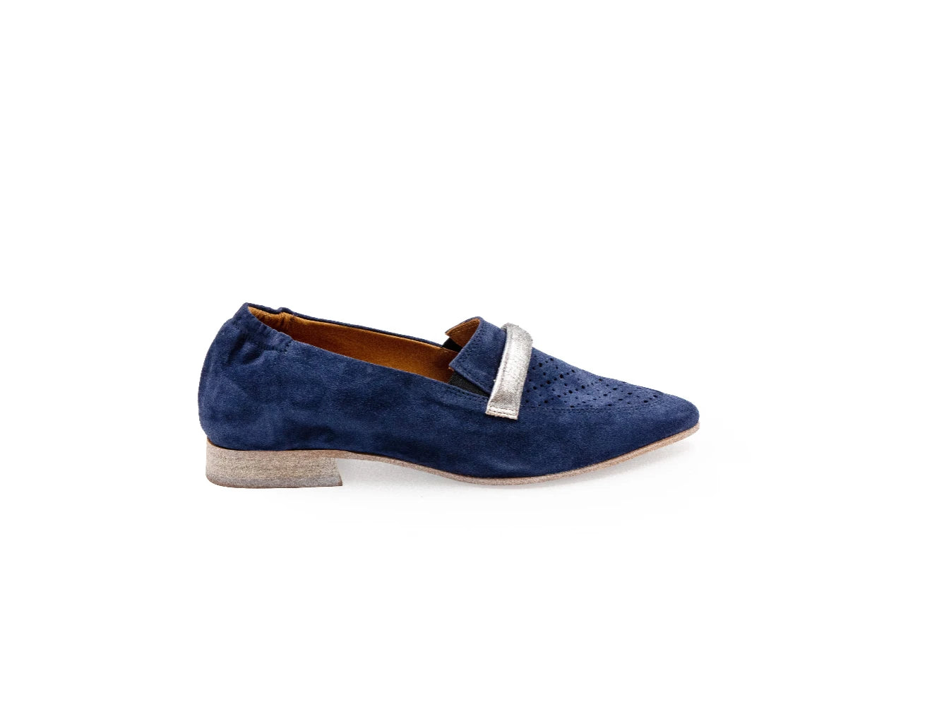 Blue suede loafer with a silver buckle on a white background