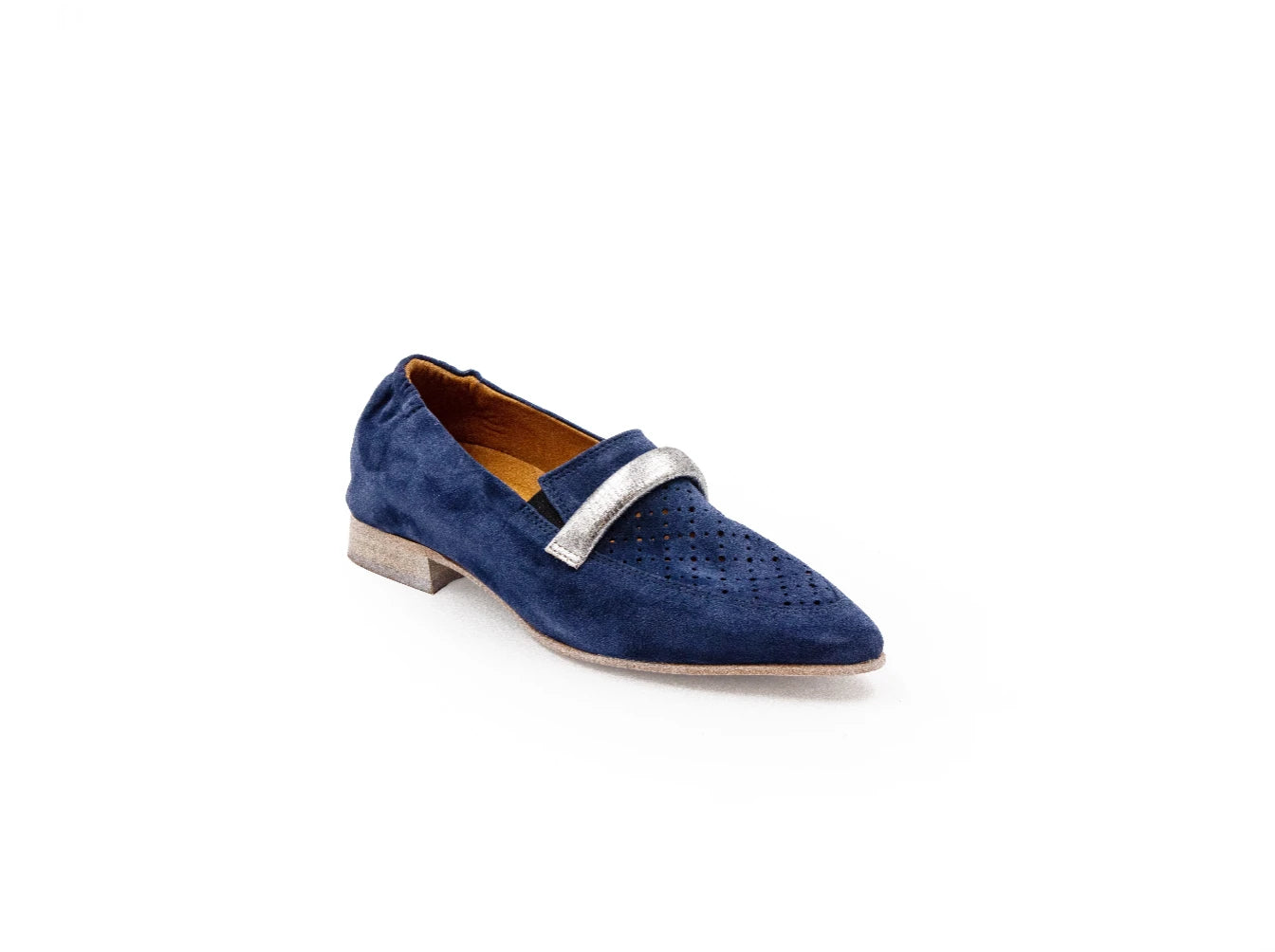 Blue suede shoe with a silver buckle on a white background