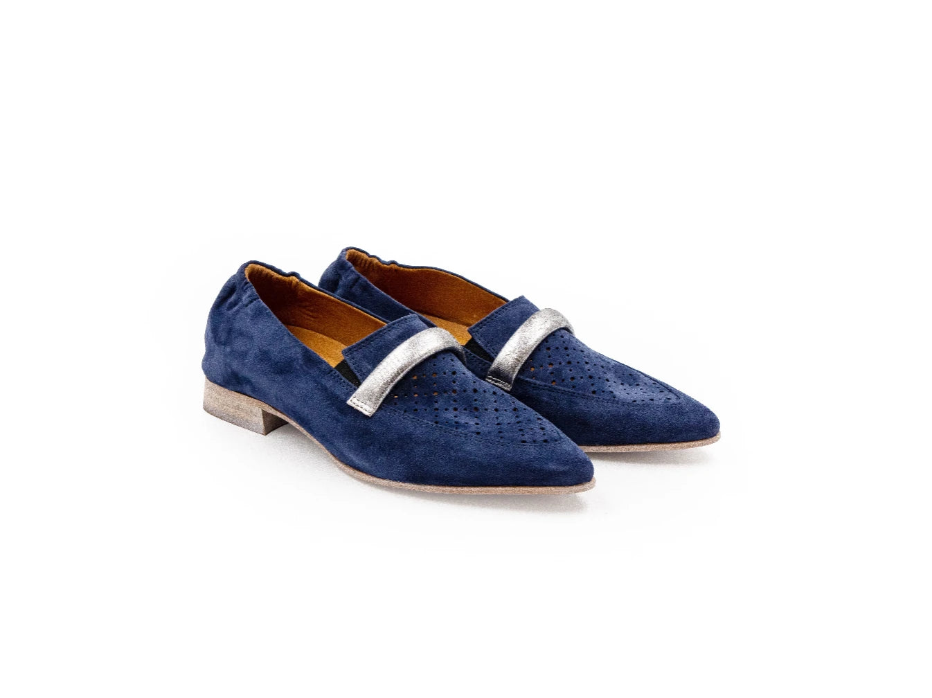 Pair of blue suede shoes with silver buckles on a white background