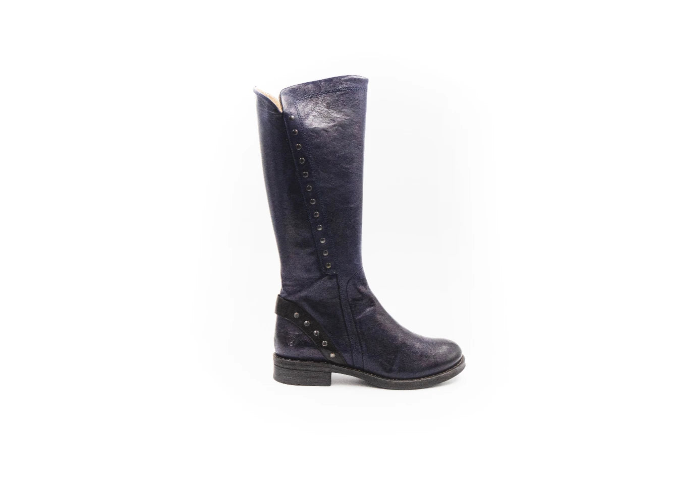 Navy knee-high boot with decorative elements on a white background
