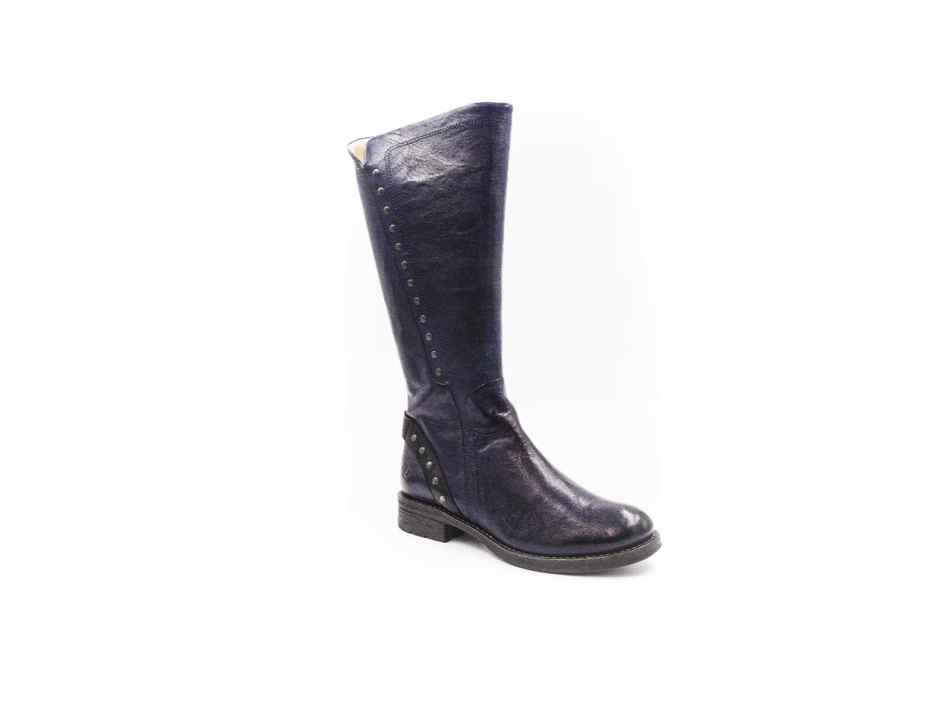 Navy blue knee-high boot on a white background