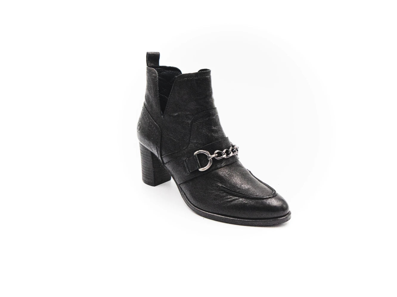 Black ankle boot with a chain detail on a white background