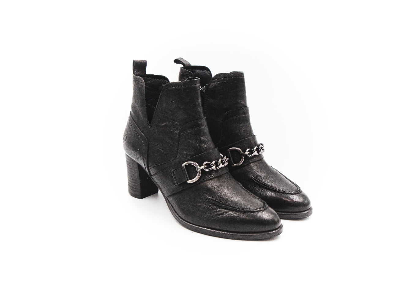 Black leather ankle boots with chain details on a white background