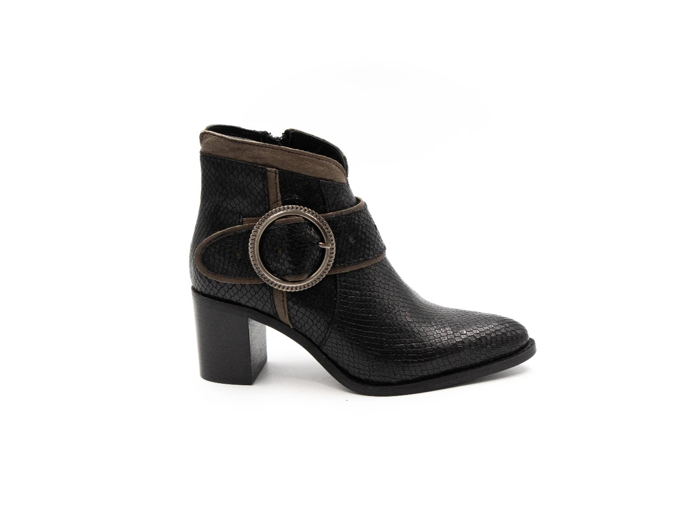 Black ankle boot with circular design on a white background