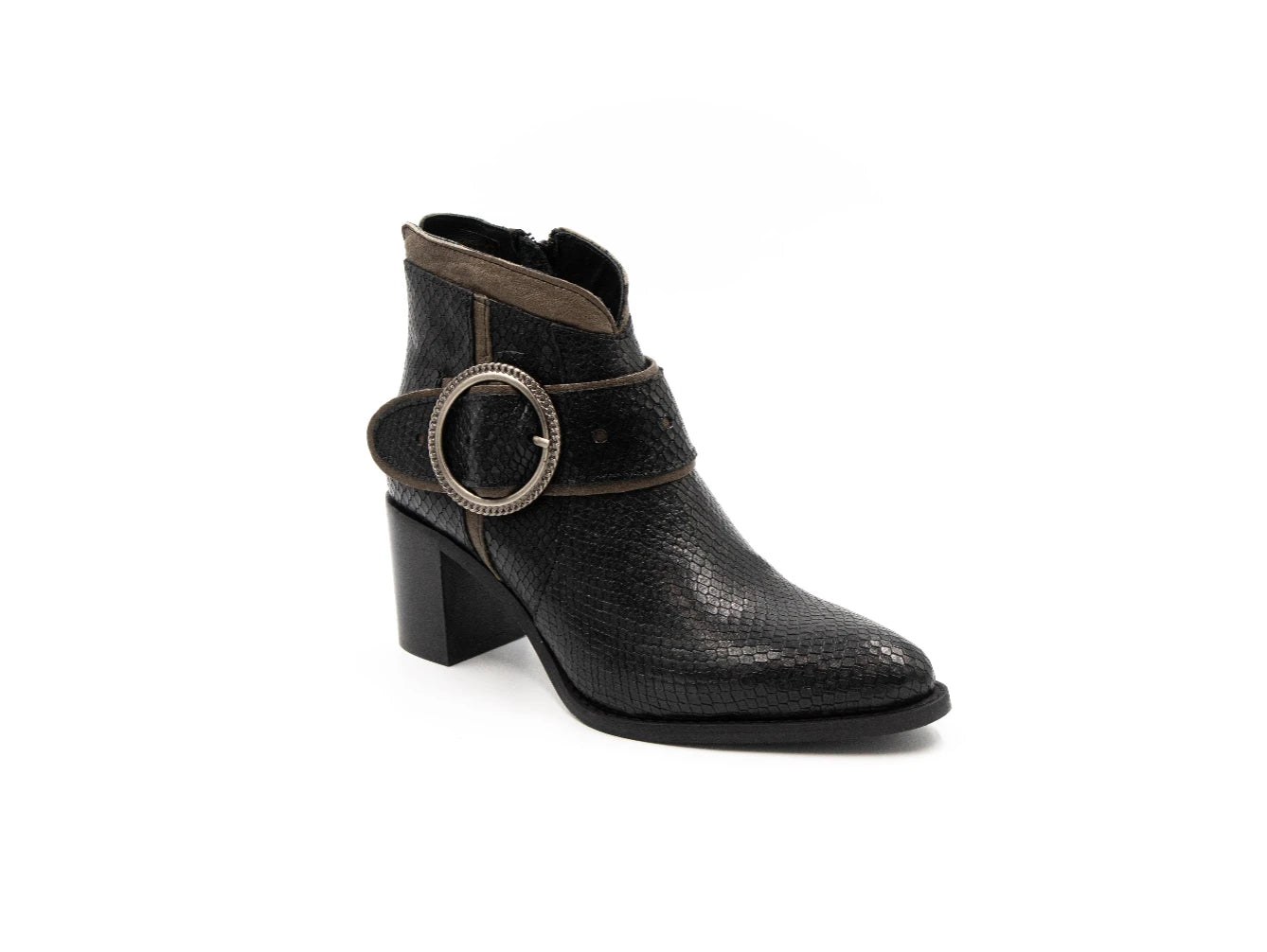 Black ankle boot with decorative strap on a white background