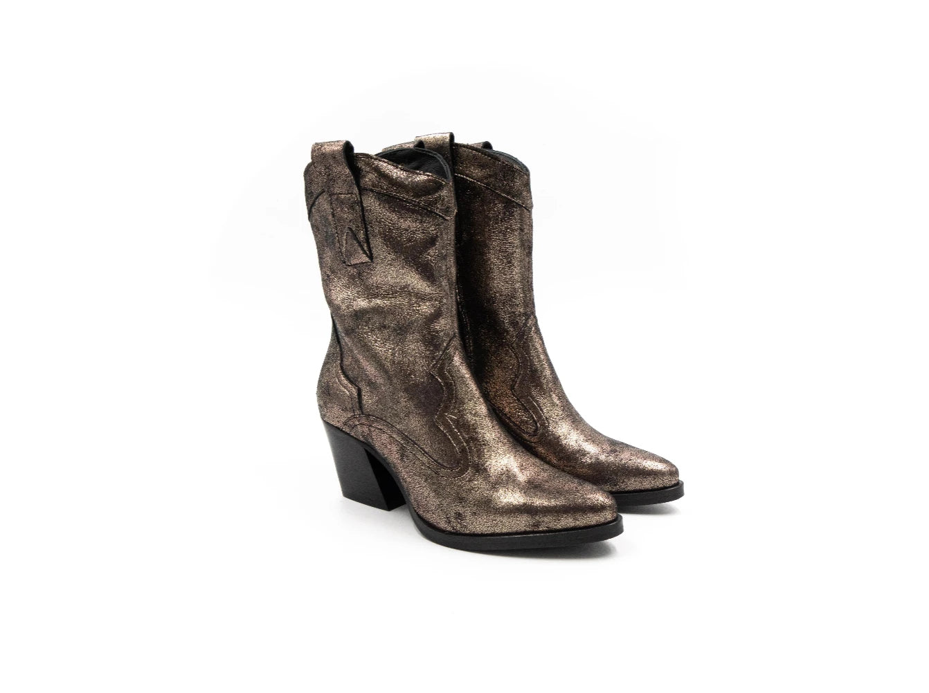 Pair of metallic bronze boots on a white background