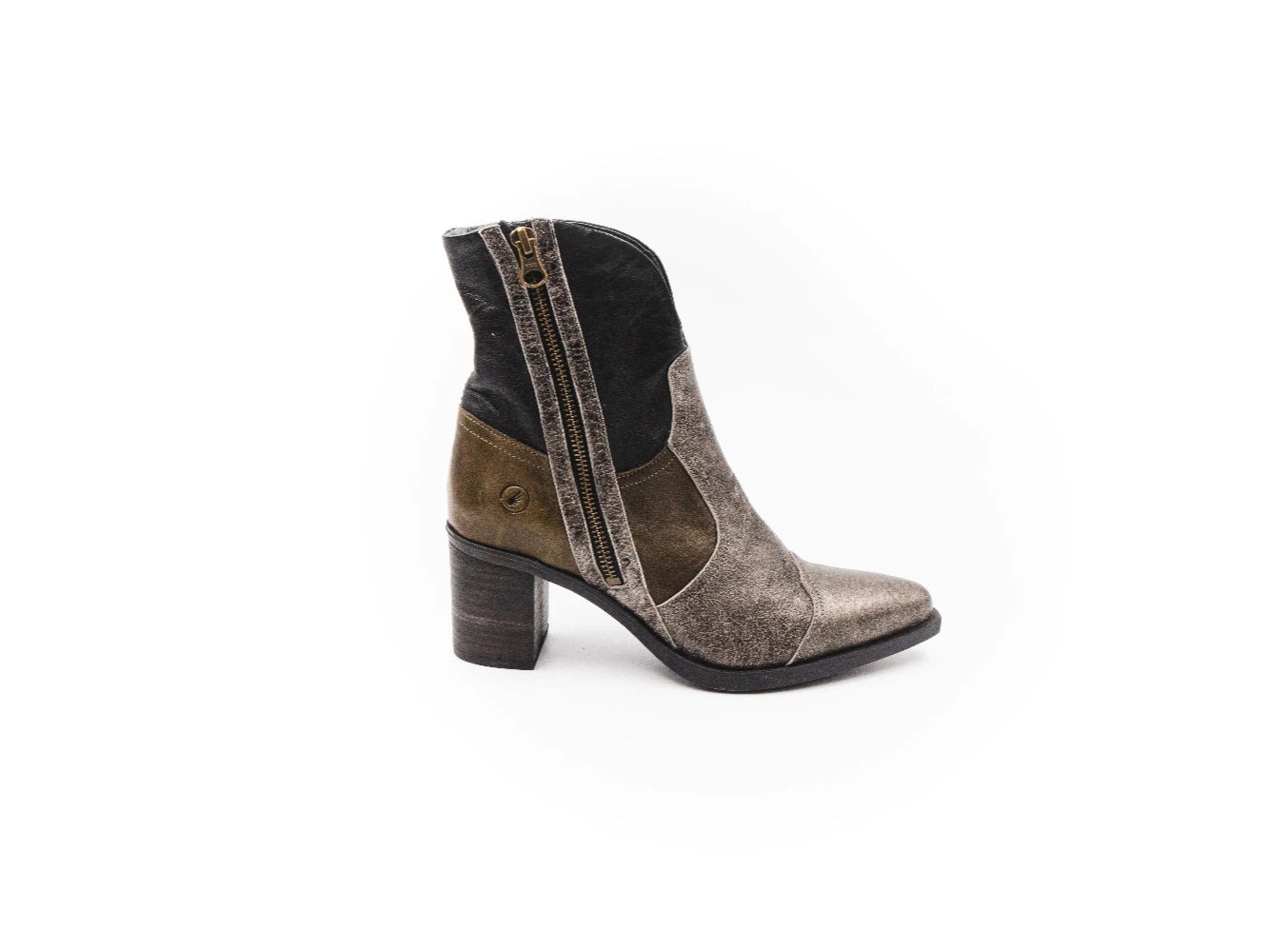Brown and black boot with zipper on a white background